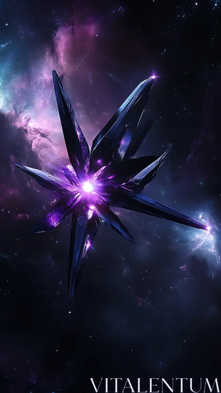 Faceted crystalline object suspended in deep space field.