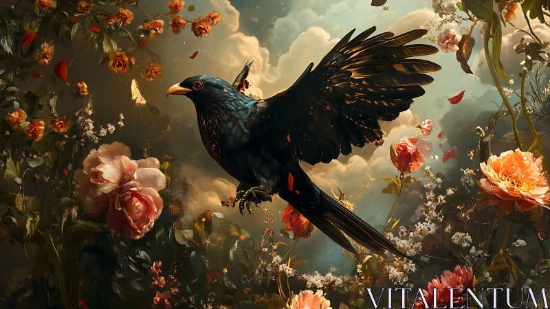 Iridescent black bird in mid-flight amid luminous garden blooms.
