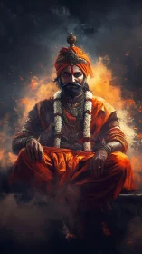 Regal warrior in glowing orange robes amid rising embers.