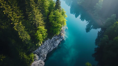 Forest river cliff edge meets calm turquoise water surface
