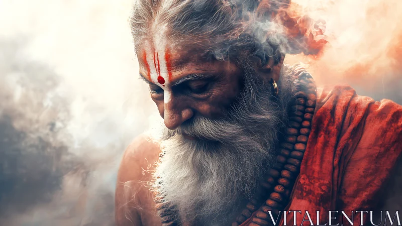 Elderly sage in contemplative profile amid ethereal smoke lighting