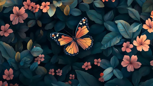 Monarch butterfly glows amid teal foliage and coral blooms.