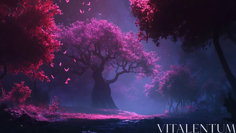 Moonlit magenta grove where enchanted petals take flight.