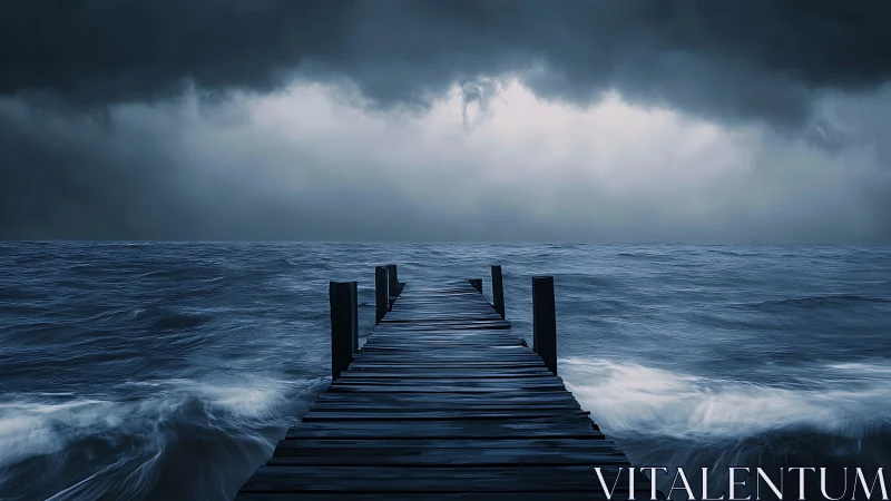 Storm-lashed wooden pier extending into dark turbulent sea.
