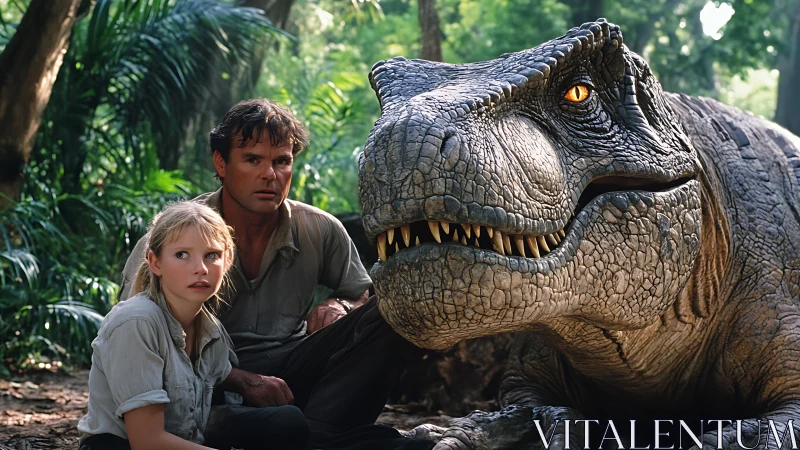 Jungle standoff with a golden-eyed dinosaur guardian.