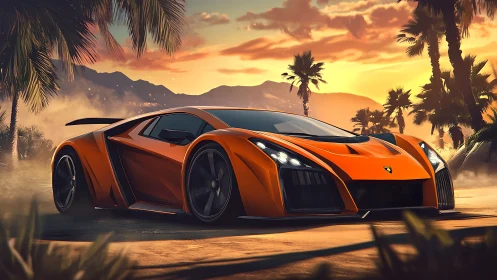 Sunlit orange supercar cruising through a dreamy coastal road.