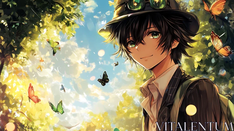 Sunlit anime boy with butterflies in high-saturation forest canopy