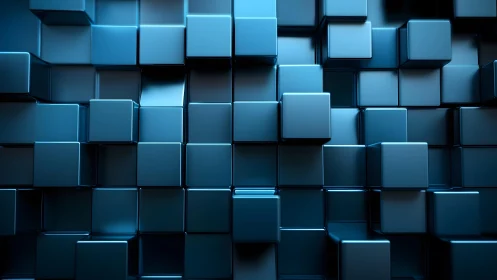 Metallic blue voxel grid with staggered cubic depth field.