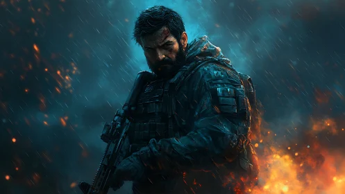 Armed tactical figure stands in rain amid blue and orange light