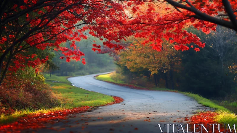 Curving rural road under red autumn foliage canopy view.
