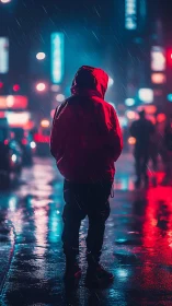 Lonely red hooded figure enjoys neon rain on city streets