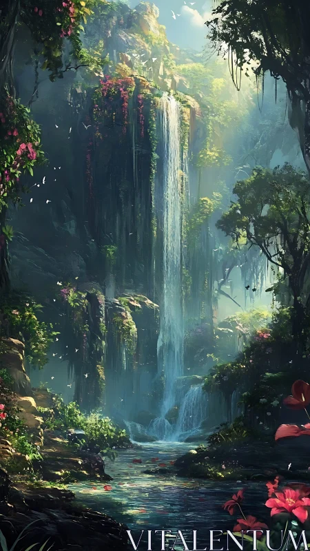 Luminescent jungle waterfall with ethereal floral canopy.