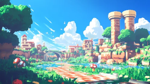 Sunlit pixel valley invites a playful stroll through fantasy
