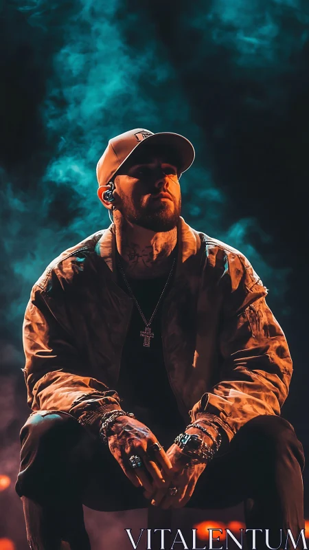 Male performer seated onstage amid blue atmospheric smoke.