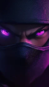 Mystic masked warrior with glowing violet eyes in focus.