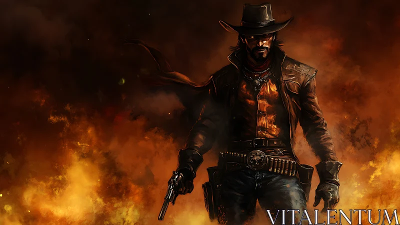Gun-slinging outlaw strides through inferno in dynamic digital art