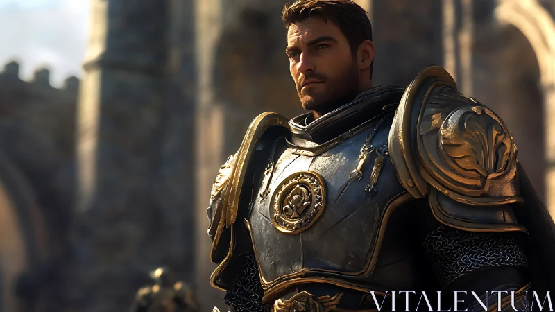 Armored knight with ornate gold plate in stone courtyard.