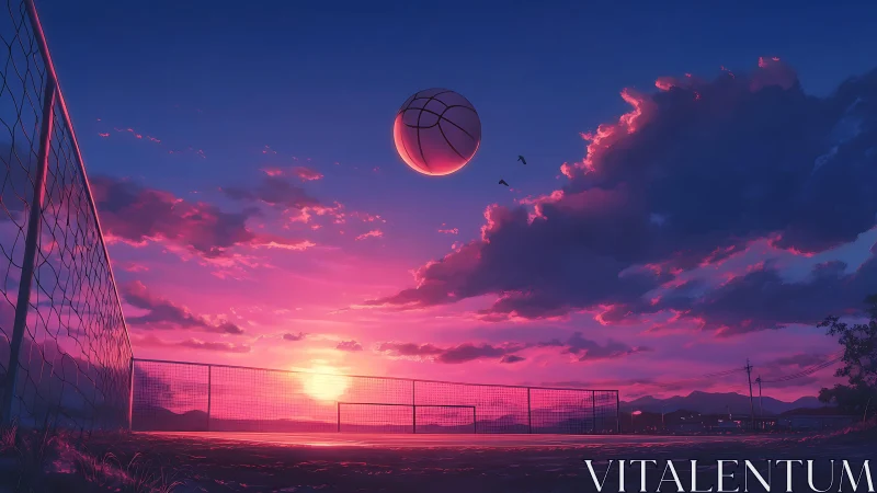 Sunset basketball court rendered in vivid magenta twilight tones