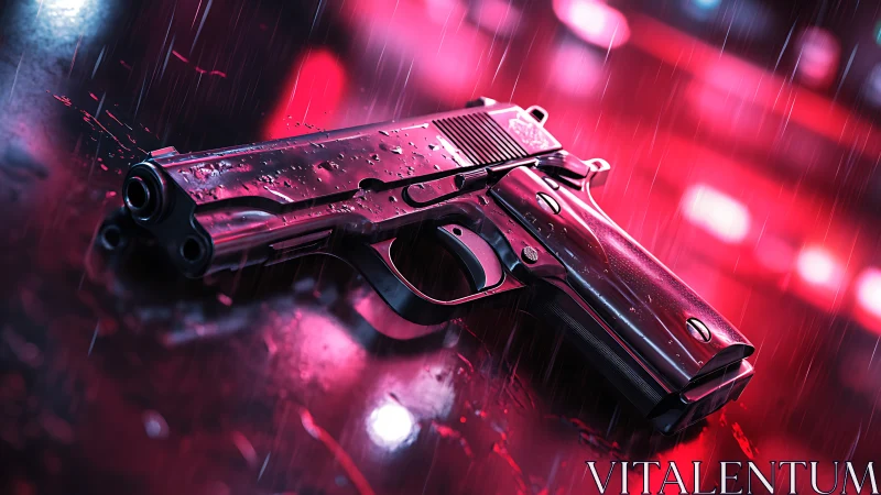 Tactical handgun on neon-wet surface under cinematic rain.