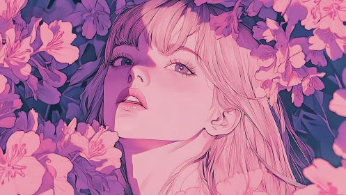 Blonde anime girl framed by pink blossoms at dusk.