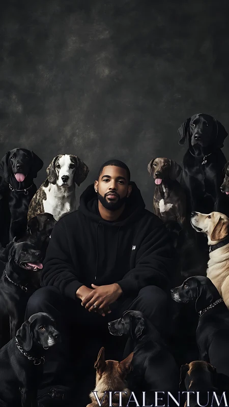 Man in dark hoodie posed with multiple attentive dogs.