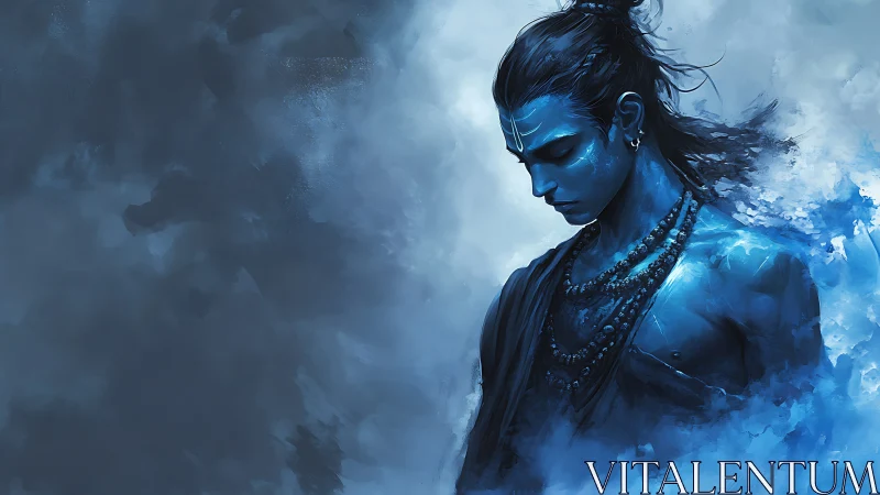Blue ethereal warrior in contemplative side profile portrait.