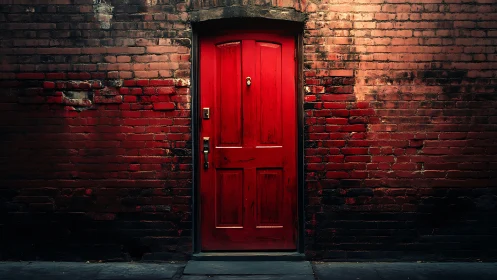 Red wooden door glows against dark weathered brick wall