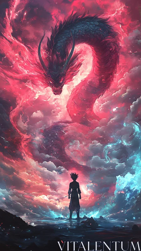 Celestial serpent dragon coils through nebular storm above warrior