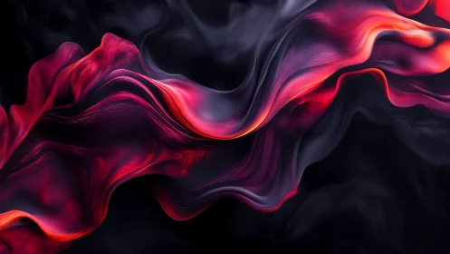 Crimson fluid ribbons undulate across a deep black void