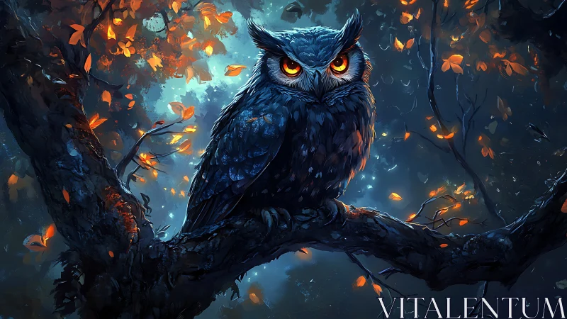 Owl with glowing orange eyes perched on tree at night