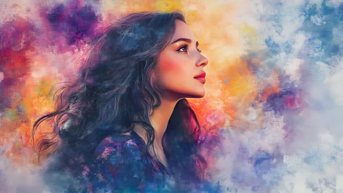 Profile portrait studies woman within vivid abstract clouds