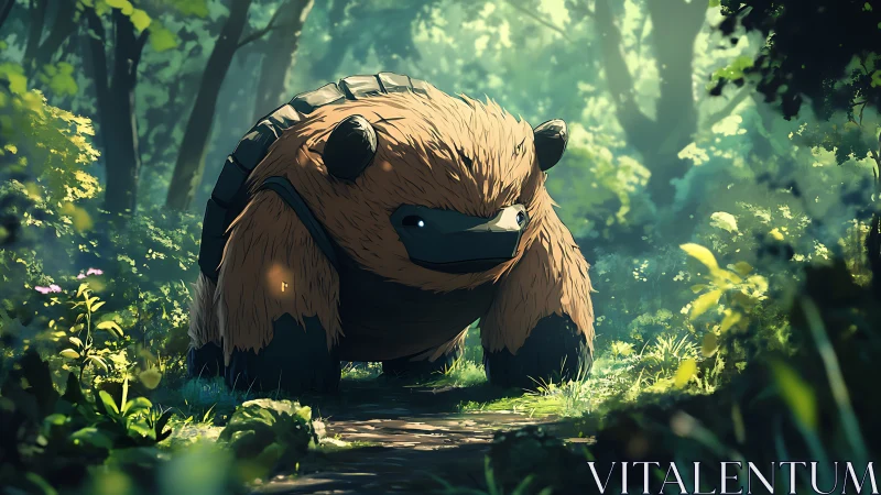 Furry forest creature patrols sunlit woodland path.