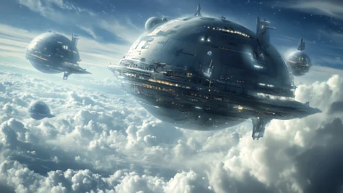 Spherical starships drift above clouds in luminous sky.