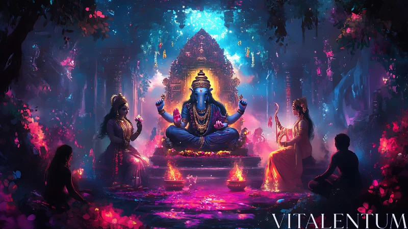 Radiant temple gathering around a serene divine presence.