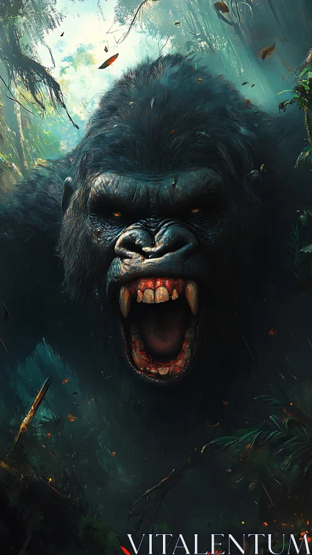 Roaring gorilla lunges forward in dense jungle scene.