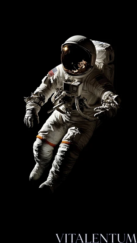 Astronaut drifts in deep space with reflective visor glow.