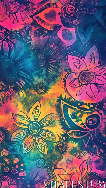 Psychedelic floral silhouettes glow in radiant neon haze.