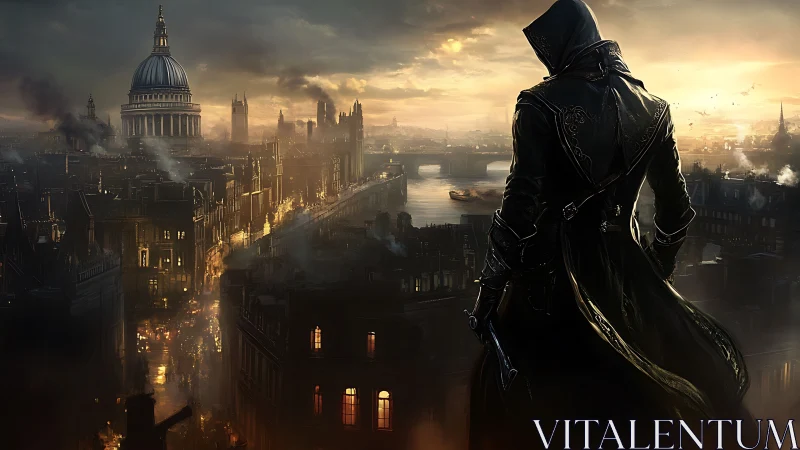 Hooded vigilante overlooking steampunk dusk cityscape.