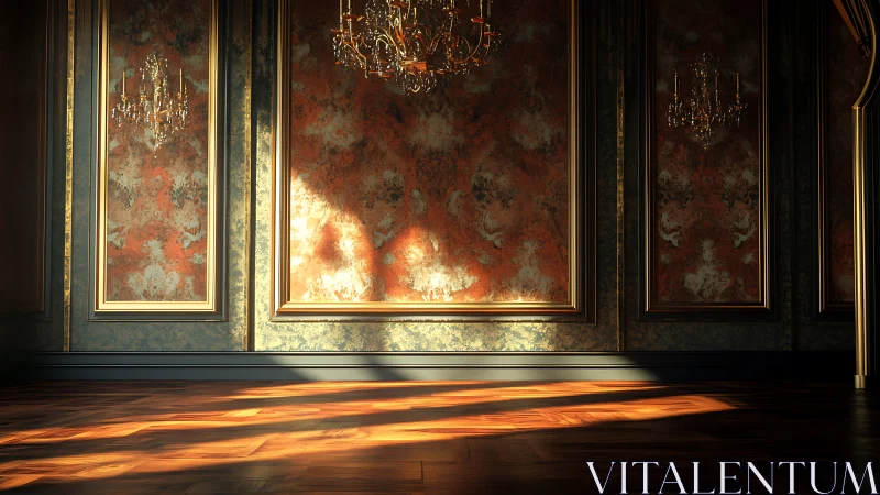 Golden light drifting across a quiet ornate ballroom.