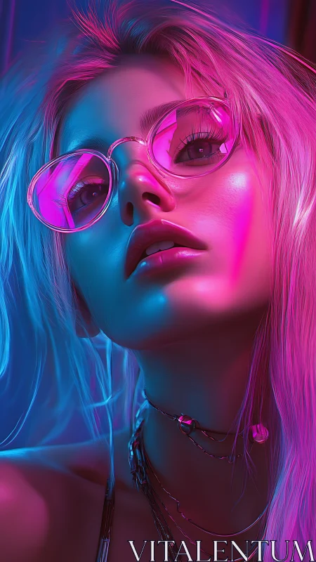 Neon-lensed cyber portrait under biaxial magenta cyan lighting.