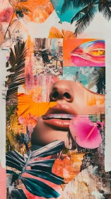 Collaged female face merges with tropical urban fragments