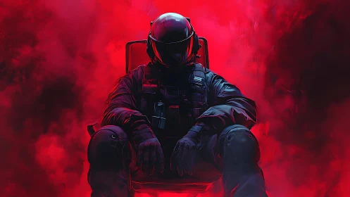 Armored soldier sits in crimson smoke-filled void.