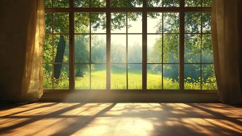 Sunlit interior floor with large window onto green lawn.