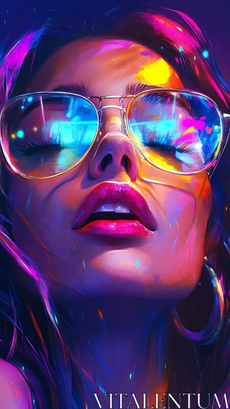 Neon dreamer exhales light through mirrored city shades