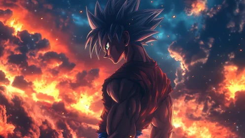 Backlit anime warrior surveys apocalyptic sky in vivid chiaroscuro