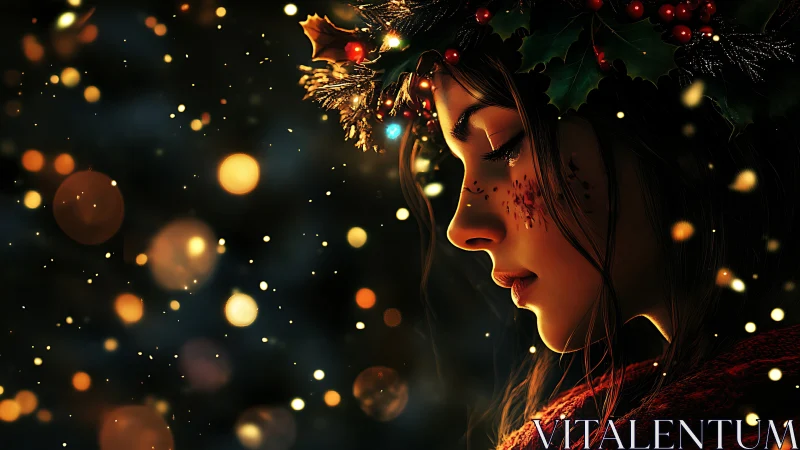 Winter lights drift gently around a thoughtful holly-crowned girl