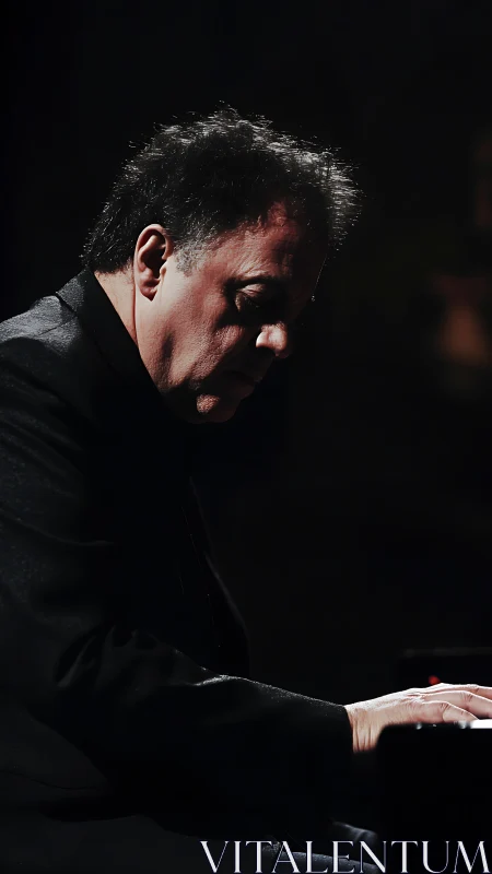 Solitary concert pianist in dramatic low-key stage lighting.