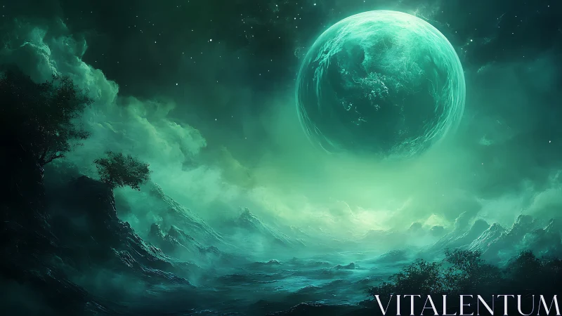 Emerald moonrise above a misty alien ocean world.