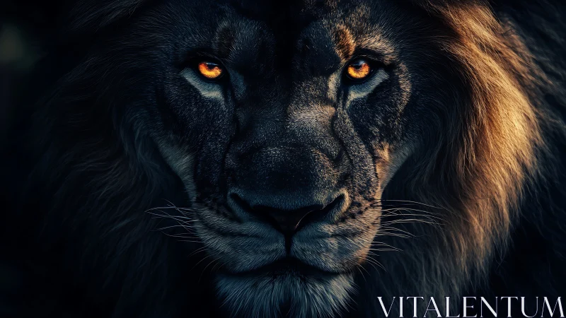 Close frontal portrait of lion with illuminated amber eyes.