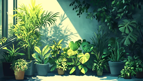 Indoor potted plants aligned against a sunlit corner wall
